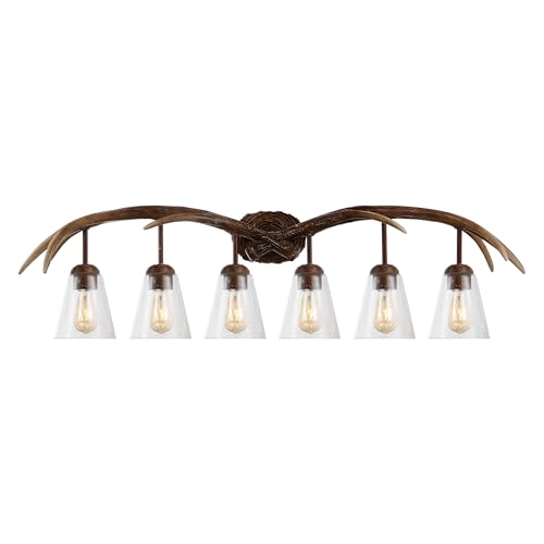 Image of JONATHAN Y 45 inch Brown Wood Finish 6-Light Resin Antlers Vanity Light Wall Sconce Rustic Farmhouse for Living Room Bathroom with Clear Seeded Glass Shades LED Bulbs Included JYL6317A