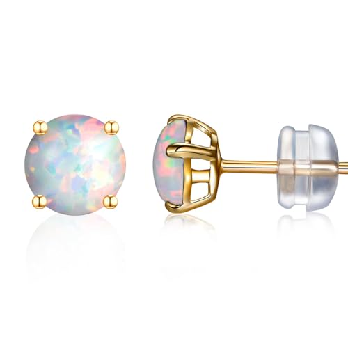 GW Stud Earrings for Women Gold Opal Earrings with 6 MM Round Opal and Ear Stud Earing Jewelry for Lady Daily Wear Party Wedding, White Opal 14K - Main Image