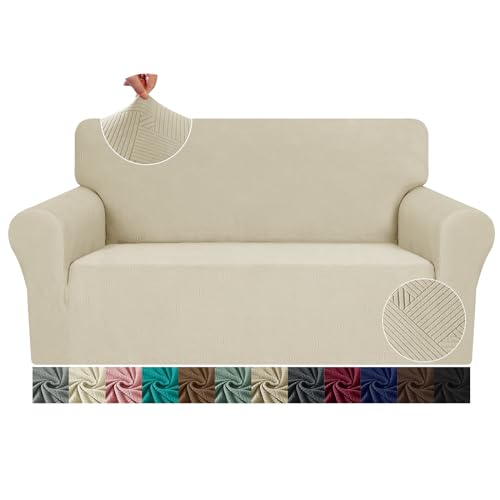 JIVINER Loveseat Slipcovers, 1 Piece Stretch Couch Covers for 2 Cushion Furniture Protector with Elastic Bottom for Kids Pets Jacquard 2 Seater Sofa Cover (Loveseat, Khaki)