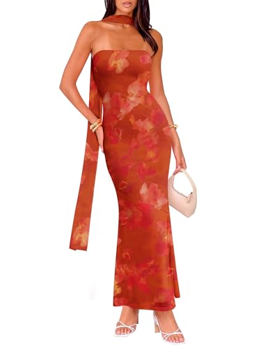 Women's Strapless Tube Dress Mesh Floral Summer Bodycon Long Maxi Cocktail Party Wedding Guest Dresses