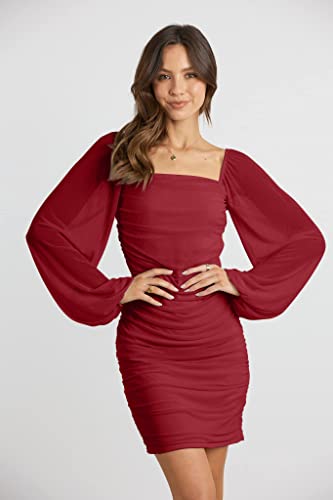 Mascomoda Women Elegant Square Neck Lantern Long Sleeve Mini Ruched Bodycon Dress Stretch Mesh Slim Party Cocktail Dresses(Small,Red) #TOP2