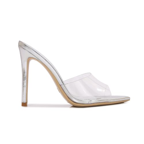 Image of Women Clear Pointed Toe Sandals Stiletto Heels Transparent Strap High Heels Slip on Mules for Women