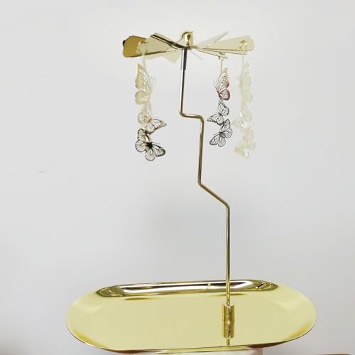 Kingnero Rotary Candle Holder with Tray Spinner Carousel Candle Metal Windmill Tea Light Candlestick for Christmas Valentine's Day Mom Women Wife Children Gift (Gold Butterfly)