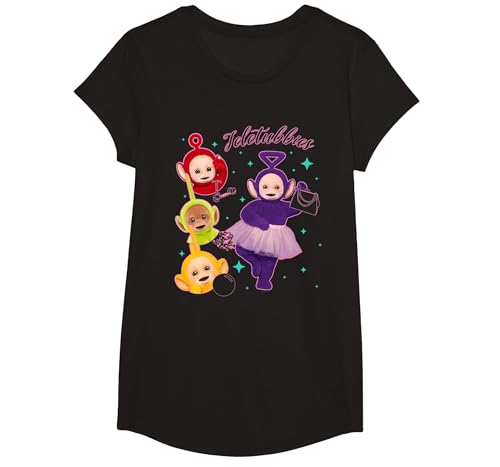 Teletubbies Tinky Winky & Group Sparkle 90's Icon T-Shirt, Girls, Black, Medium