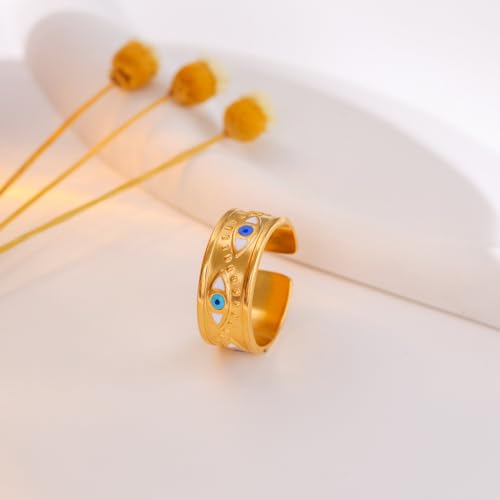 Evil Eye Ring For Women, Trendy Boho Open Sun Flower Adjustable Stainless Steel Non Tarnish Floral Stackable Engagement Statement Birthday Jewelry Gift4