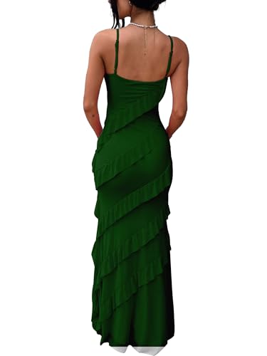 Image of HOCILLE Women's Sexy V Neck Backless Bodycon Spaghetti Strap Elegant Ruffle Maxi Cocktail Party Dresses