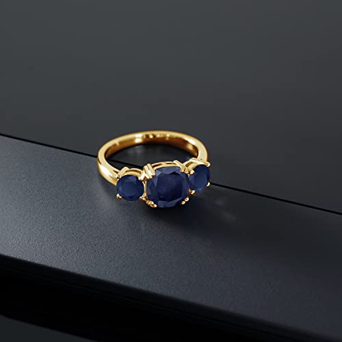 Gem Stone King 18K Yellow Gold Plated Silver Blue Sapphire 3 Stone Engagement Ring For Women (4.02 Cttw, Gemstone September Birthstone, Cushion 8MM and Round 5MM, Available in Size 5,6,7,8,9)4