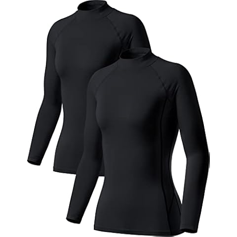 TSLA Women's Thermal Long Sleeve Tops, Mock Turtle & Crew Neck Shirts, Fleece Lined Compression Base Layer, Heat Core Mock Neck 2pack Black/Black, Small Cover