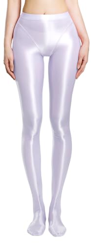Image of FEOYA Women's Open Crotch Oil Shiny Pantyhose High Waist Control Top Silky Oily Crotchless Footed Tights Stockings