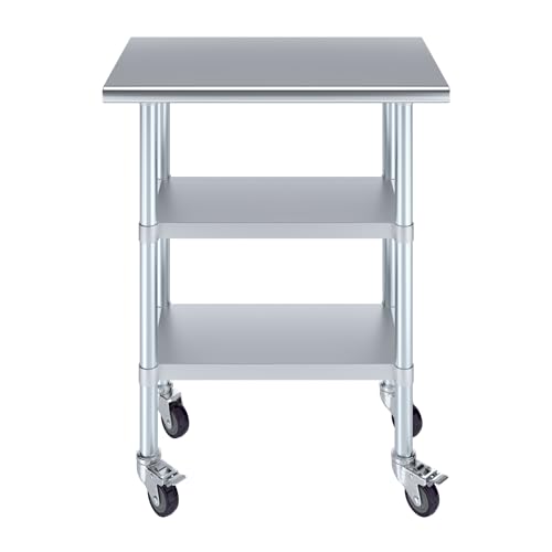 Image of AmGood Stainless Steel Work Table with 2 Shelves and Casters | Metal Utility Table On Wheels (Stainless Steel Work Table with 2 Shelves + Casters, 30 inch Long x 18 inch Deep)
