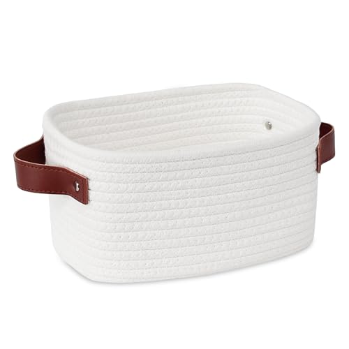 ABenkle Small Storage Basket, Mini Baskets with Handle, Cute Cotton Woven Baskets for Shelves, Boho Decorative Toy Storage Bin for Nursery, Spa, Empty Gift Basket - XS, White