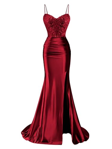 BOLENSYE Spaghetti Strap Satin Prom Dresses Long Corset Evening Gown Lace Appliques Formal Dress with Slit