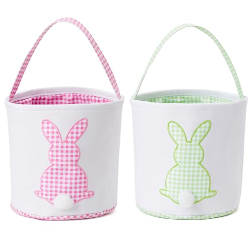 Image of Easter Basket with Handle Easter Bucket Easter Baskets Easter Basket Bags Egg Hunt Basket Canvas Plaid Bunny Print Basket with Fluffy Tail (Pink Plaid+Green Plaid)