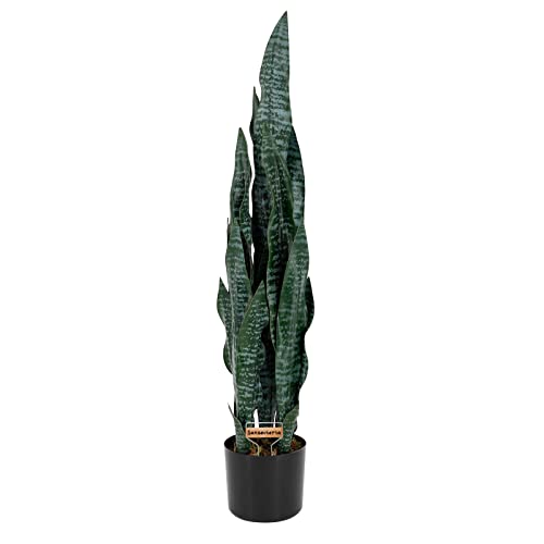 TONAHUTU 3FT Artificial Snake Plant 35in Green Fake Sansevieria, Mini Plant with Black Plastic Planter 21 Thick Leaves for Home Office Farmhouse Indoor Decor (Green)