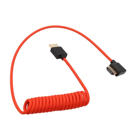 Image of HDMI 8K 4K 60p Cable for ATOMOS Shinobi Portkeys SmallHD Cine 5 7 Hollyland Mars Sony A9 A1 FS7II Canon C400 S1H Z9 X-T5 Camera, Right Angle Type A HDMI 2.1 Red Braided Coiled 50cm