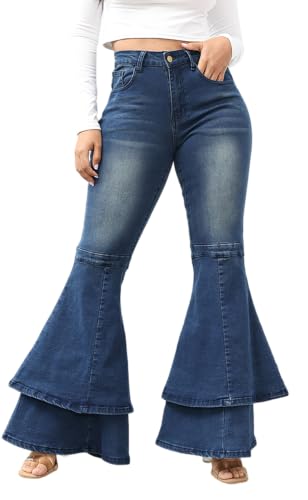 ThusFar Bell Bottom Jeans High Waisted Pleated Layered Ruffle Hem Flared Wide Leg Denim Pants 70s Outfits for Women Blue
