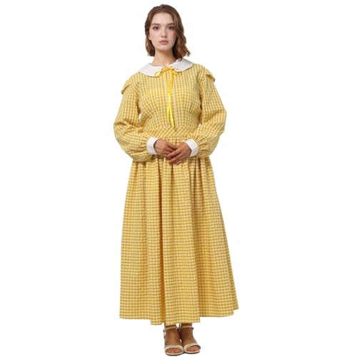CAMDOM Damen Pionierkleid Vintage Bürgerkriegskleid Viktorianisches Abendkleid Kolonial Kostüm Karo Langkleid Retro Präriekleid Historisches Kleid