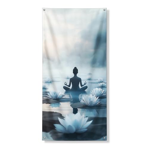 Meditative Buddha Door Cover Banners Decorative, Serene Water Lily Floral Design Front Door Decor, Indoor Outdoor Tranquil Home Wall Art 36x72 Inch