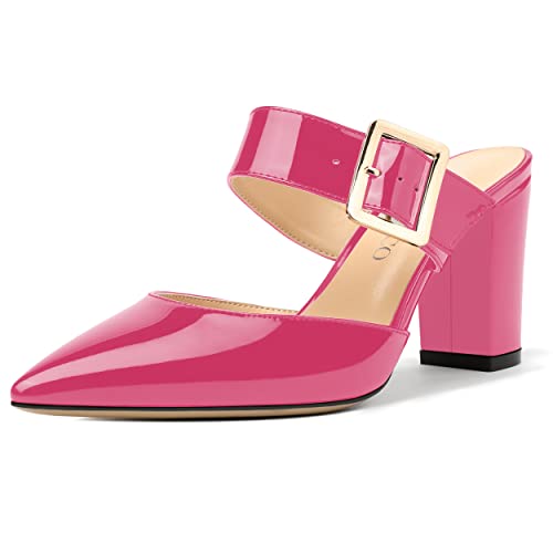 MODENCOCO Women's Patent Strap Pointed Toe Block High Heel Pumps Heeled Slide Sandals Shoes 3.5 Inch