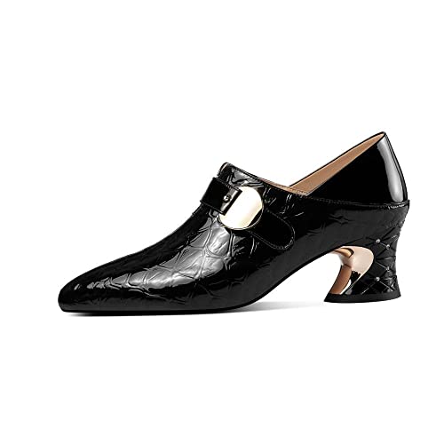 TinaCus Handmade Women's Patent Leather Stone Pattern Buckle Pointed Toe Mid Chunky Heel Shoes2