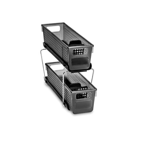 Madesmart 2-Tier Plastic Mini Multipurpose Organizer with Divided Slide-Out Storage Bins, Compact Under Sink and Cabinet Organizer Rack, Carbon