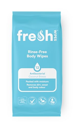 FreshWipes Antibacterial Body Wet Wipes For Adults 1 Pack (12 Wipes) - Coconut Breeze - Extra Large Biodegradable - Dermatologically Tested & Suitable for the Elderly or Disabled - Great for Camping