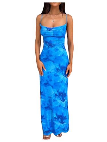 Milumia Women's Floral Backless Lace Up Spaghetti Strap Bodycon Maxi Dress Summer Cowl Neck Long Cami Dress Blue Small