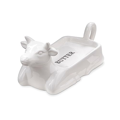 tag Farmhouse White Stoneware Cow Shaped Butter Dish, 9.65