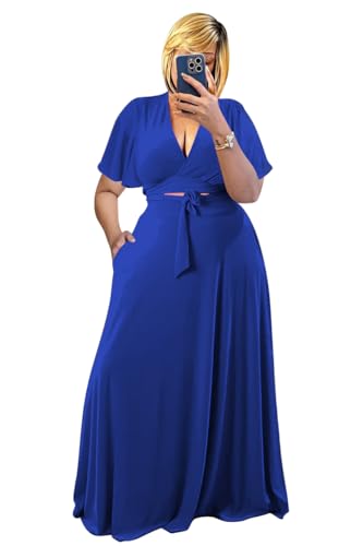Image of Plus Size Women's 2 Piece Outfits Casual Short Ruffle Sleeve Wrap Crop Top Maxi Long Dress Flowy Matching Sets
