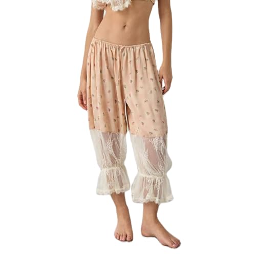 Image of KOSUSANILL Women Long Bloomer Pants Lace Trim Ruffle Pantaloons Cropped Lounge Pajama Bottoms Y2K Capri Pettipants