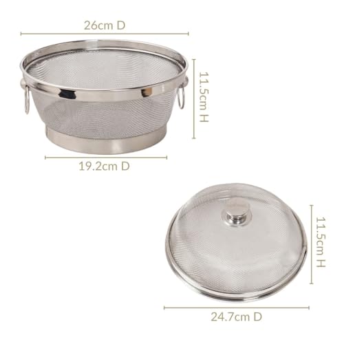 Image of Nestasia Stainless Steel Mesh Fruit Basket with Lid (10 Inches) - Protective Mesh Cover Colander & Storage Basket for Dining Table | Rust Resistant Fruit & Vegetable Strainer Bowl with Knob & Handles