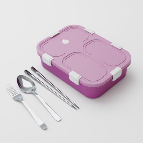 Image of Clazkit 3 Compartment Plastic Lunch Box | Food Container with Cutlery for Office & School Use - Yellow