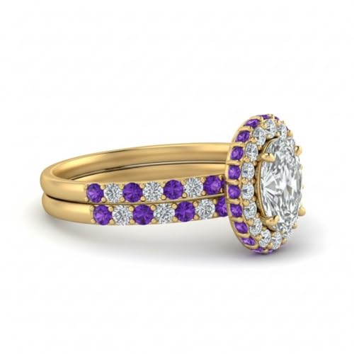 Image of Choose Your Gemstone Oval Halo Rollover Diamond CZ Wedding Ring Yellow Gold Plated Oval Shape Wedding Ring Sets Matching Jewelry Wedding Jewelry Easy to Wear Gifts US Size 4 to 12