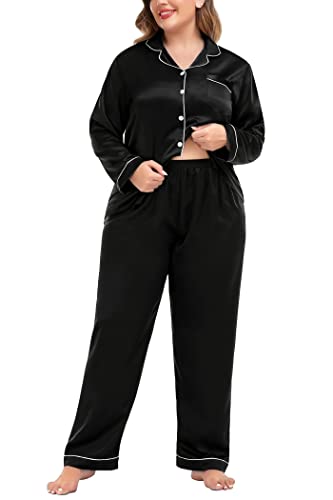 SWOMOG Plus Size Pajama Set for Women Silk Satin Pajamas Long Sleeve Sleepwear Button Down PJs Soft Pj Set with Chest Pocket2
