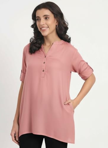 Image of Women's Roll-Up Sleeve Tunic Top, V-Neck with Button Front, Side Pockets, Rayon Short Kurti