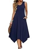 Zeagoo Sommerkleid Damen Ärmellos Rundhals Kleider Blumen Kleid A Linie Strandkleid Leicht Midikleid Freizeitkleid mit Taschen A Blau 2XL