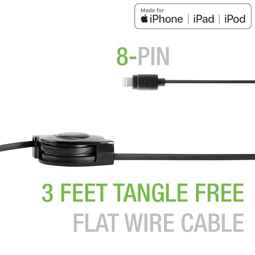 Image of Charging and Data Sync Cable for iPhone 7, 7 Plus and Other Lightning Devices - Lightning 8 Pin to USB - Retractable - Apple Certified - by Cellet - Black