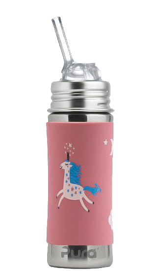 Pura Kiki 11oz/325ml Stainless Steel Straw Bottle w/Sleeve, 100% Plastic-Free, MadeSafe Certified, 100% Medical-Grade Silicone Straw for Kids, Toddlers, Preschoolers, Babies & Infant - New Unicorn