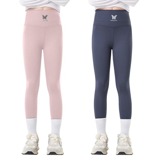 Tilozs Kinder Leggings Mädchen Lang Hosen High Waist Leggins Sportleggins 2er Pack Elastisch Sporthose Lila+Dunkelgrau 122-128(Label Size: 130)