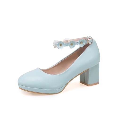 Women’s Cute Platform Ankle Strap Pumps Lolita Princess Round Closed Toe Mid Heels Chunky Buckle Flower Wedding Party Dress Fashion Comfortable Block Heeled Girls Shoes