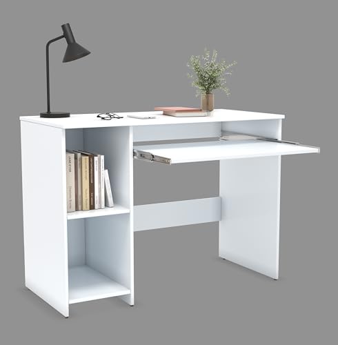 Image of 104x50x75CM Engineered Wood Study Table with Keyboard Tray & 2 Open Storage Shelves for Home, Office | Scratch & Moisture Proof Computer, Laptop Table | 1 Year Warranty- Everest White