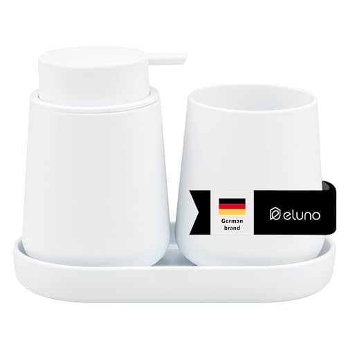 eluno TESERO - Set di accessori da bagno con superficie soft touch, 3 pezzi, composto da 1 dispenser di sapone, 1 tazza e 1 ciotola, ideale per bagno e cucina in plastica (bianco)