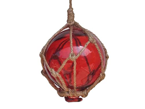 Hampton Nautical Red Japanese Glass Ball Fishing Float with Brown Netting Decoration 3"