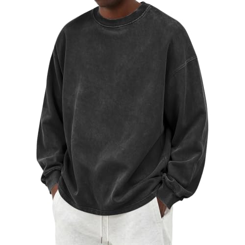 Mens Crewneck Sweatshirt Soft Vintage Plain Acid Wash Plus Size Sweater - image 1