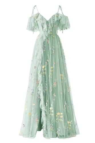 Women's Flower Embroidery Tulle Prom Dresses Corset A Line Long Slit Ruffles Formal Party Gowns