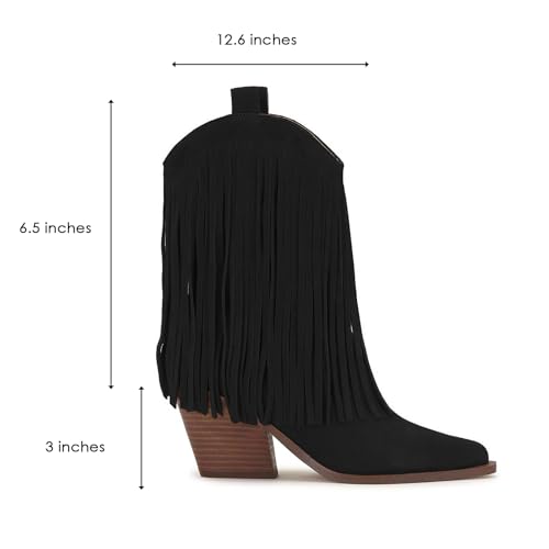 SHODENSE Women Fringe Cowboy Calf Boots Chunky Stacked Heel Mid Calf Western Boots Suede Pointed Toe Cowgirl Boots Tassel Side Zipper V-Cut Calf High Dress Boots Vintage Retro Casual 4-11 M US2