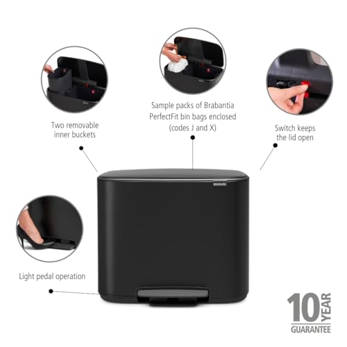 Image of Brabantia Bo Step-On Kitchen Trash Can with Dual Compartments | Matt Black | 3 + 6 Gal Inner Buckets | Soft-Close Garbage Can, Light Pedal Operation, Stay-Open Lid | Fits Against Wall | + Trash Bags