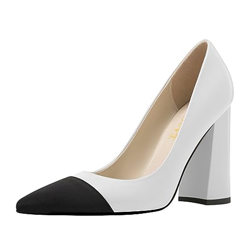 FOWT Women Pointed Cap Toe Pumps Slip on Chunky High Heels Formal Office Evening Wedding Shoes Size 4-16 US