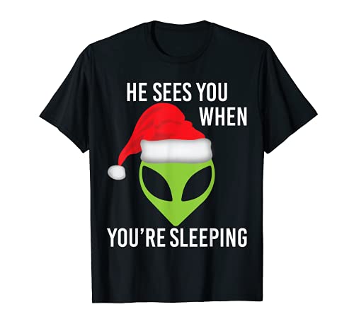 Green Space Alien Head Christmas Santa Hat UFO Mars T-Shirt