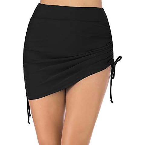 Women's High Waist Swim Skirt Ruched Bikini Tankini Swim Bottom with Brief Black L Cover